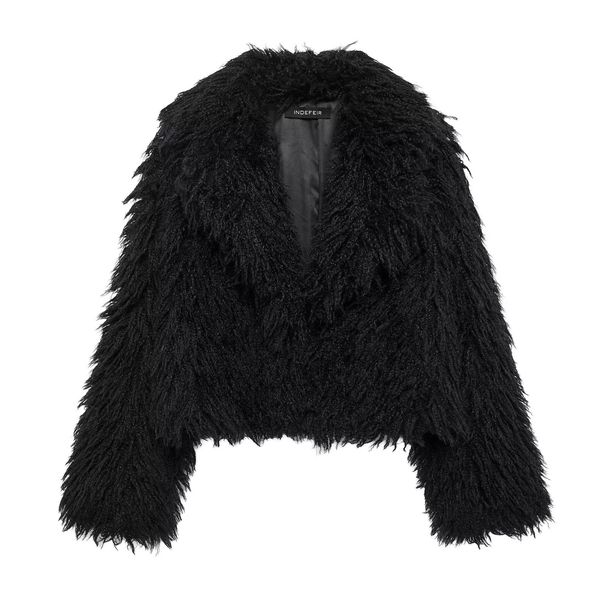 Women's Fuzzy Faux Fur Cropped Jacket, Burgundy High Neck Long Sleeve Shaggy Coat, Casual Daily Wear Fluffy Short Outerwear For European Street Style_ecoleips.com