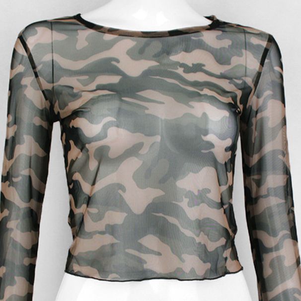 Aria Basics Aria Basics European And American Hot-Selling Mesh Top For Women 2025 Summer New Women's Clothing Camouflage Long Sleeve_ecoleips.com