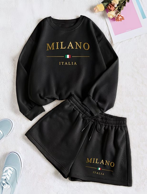 Women's Long Sleeve Hoodie & Shorts Set - Trendy Letter Print Loungewear, Oversized Fleece Sweatsuit For Gym, Travel & Street Style_ecoleips.com
