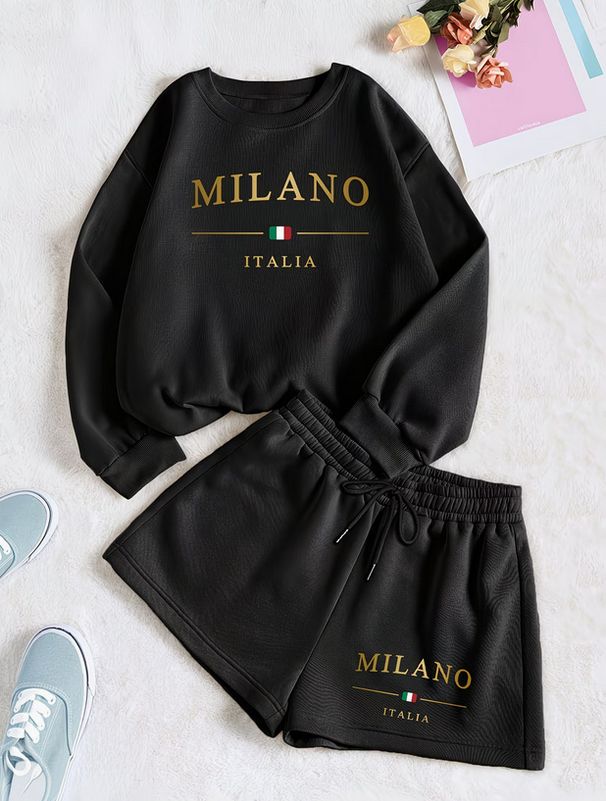 Women's Long Sleeve Hoodie & Shorts Set - Trendy Letter Print Loungewear, Oversized Fleece Sweatsuit For Gym, Travel & Street Style_ecoleips.com