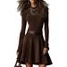 Autumn Fashion: Elegant And Sophisticated, A Solid-Color Long-Sleeved Dress With A Round Neckline And Belt_ecoleips.com