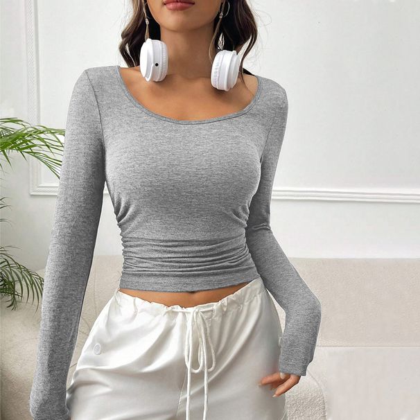 Voya Women's Round Neck T-shirt For Spring And Summer Fashion, Versatile Short Style, Fashionable Temperament, Solid Color Top_ecoleips.com