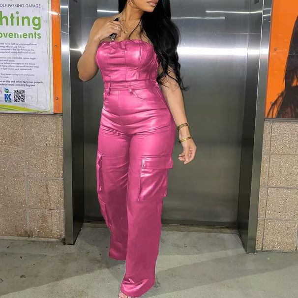 Women PU Leather Off The Shoulder Side Pocket Jumpsuit Daily Fashion High Street Straight Pocket Female Jumpsuit_ecoleips.com