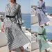 Women's Clothing Long Sleeve V Neck Medium Length Striped Dress_ecoleips.com