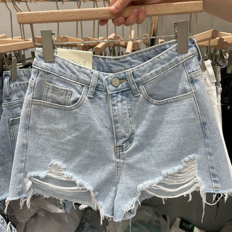 Rough Edge Denim Shorts Female Internet Celebrity New Large Size Fat Mm Loose Korean Version A Font Ripped Hot Pants_ecoleips.com