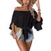 Women's Off-Shoulder Bell Sleeve Blouse With Bow Tie – Casual Loose Fit Top – Breathable Polyester Summer Fashion (White/Black)_ecoleips.com