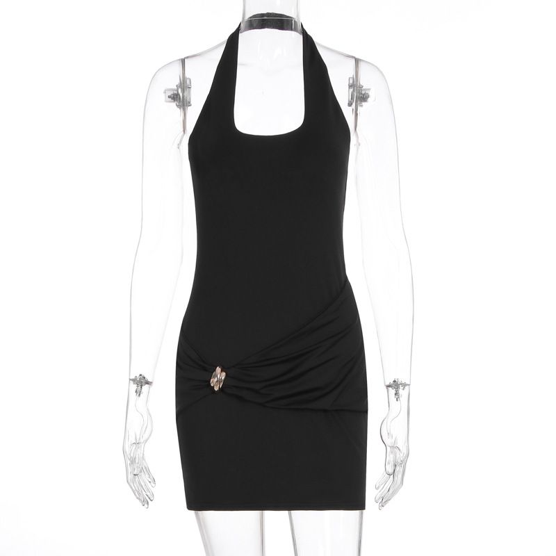 New Arrival Women Fashion Sexy Dress Metal Decor Lace Up Backless Hip Wrap Bodycon Dress For Party Evening_ecoleips.com