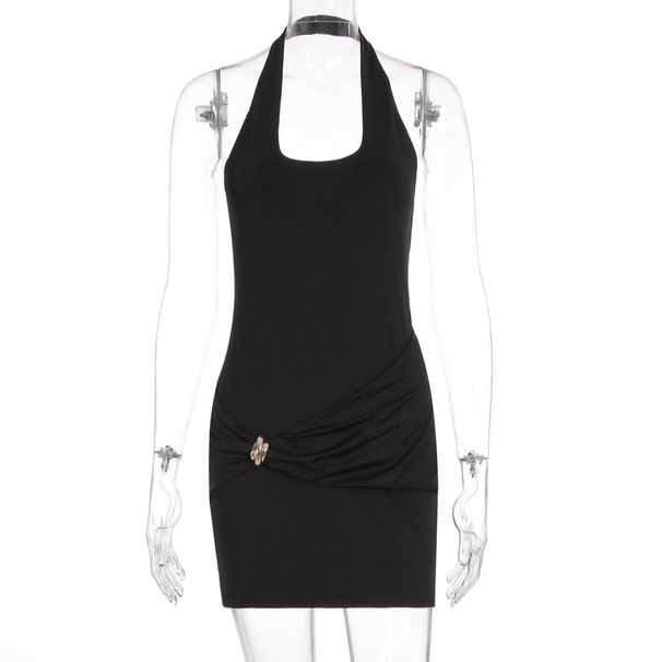 New Arrival Women Fashion Sexy Dress Metal Decor Lace Up Backless Hip Wrap Bodycon Dress For Party Evening_ecoleips.com