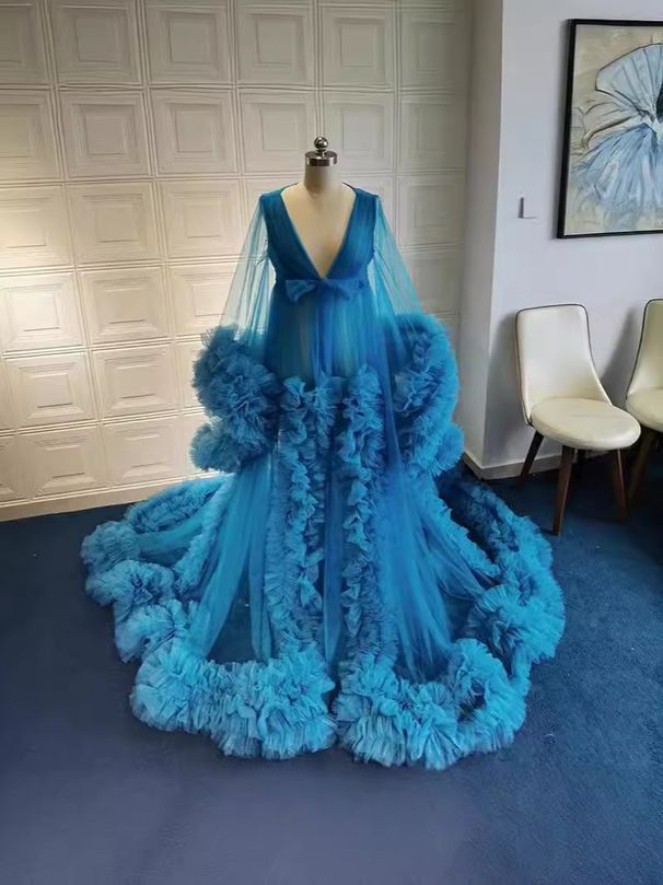 Women's Clothing New Bride Wedding Cardigan Morning Gown Peacock Blue Fashion Toast Trailing Evening Dress Banquet Host Clothing_ecoleips.com