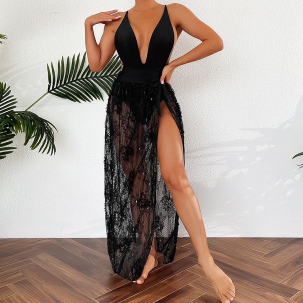 Women's Clothing Beach Dress Bikini Lace Deep V Leaky Back Strap Sexy One-piece Swimsuit_ecoleips.com
