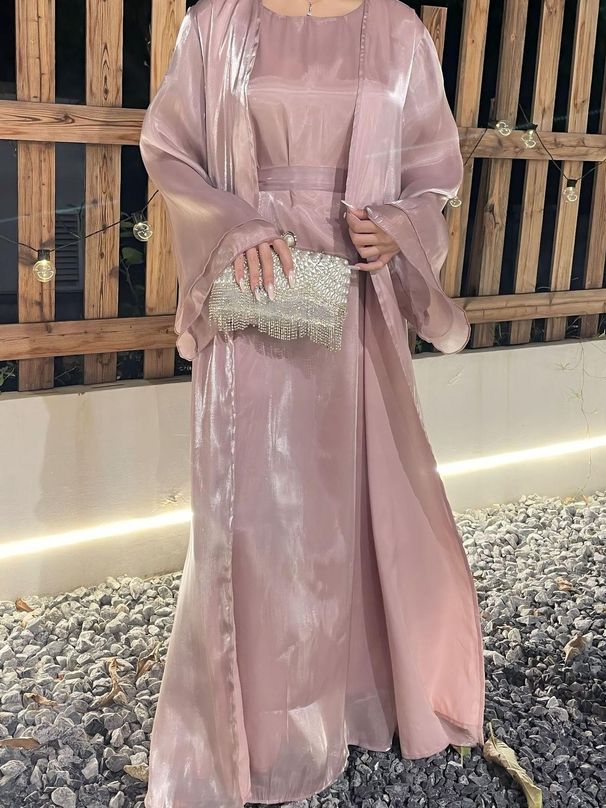 Women's Muslim Clothing Long Two-Piece Set Dress Shiny Silk Robe Abaya_ecoleips.com