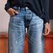 European American Women's Loose Straight-leg Cropped Jeans With Frayed Edges Holes, Cross-border Supply For ,_ecoleips.com