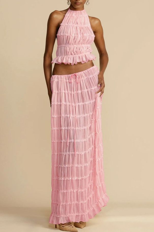 Women's Sexy Backless Halter Neck Lace Trim Long Dress Set – Floral Print Chiffon Maxi Dress For Party, Dating & Casual Wear_ecoleips.com