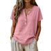 Women's Casual Solid Color Cotton Linen Blend Short Sleeve Top V Neck Button Down Half Open T-Shirt_ecoleips.com