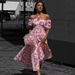 Off-Shoulder Floral Print Dress European American Style Summer New Short Sleeve Tie-Up Slit Cross-Border Women's Dress_ecoleips.com