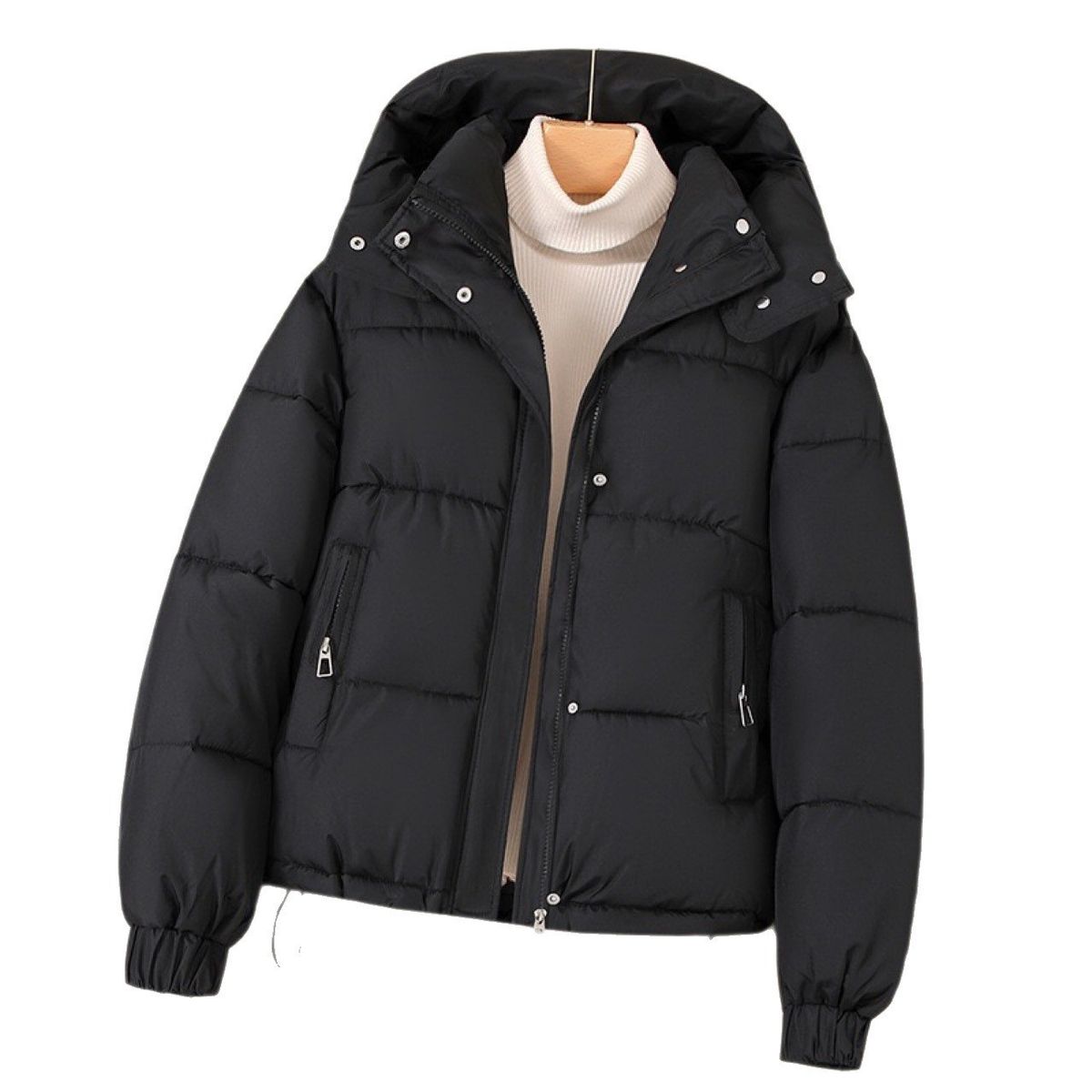 Women's Clothing Women's Lightweight Down Jacket Winter Warm Short Puffer Coat With Hood, Loose Fit Casual Outerwear - Coffee, Beige, Black, Pink_ecoleips.com
