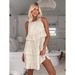 Spring And Summer Vacation Style Khaki Cotton And Linen Cake Dress Design Sense Ruffled Square Neck Dress For Women's We_ecoleips.com