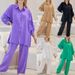 plus Size Two Piece Set European American Style Spring Autumn Loose Long Sleeved Button down Shirt And Wide Leg Pants Solid Color Suit_ecoleips.com