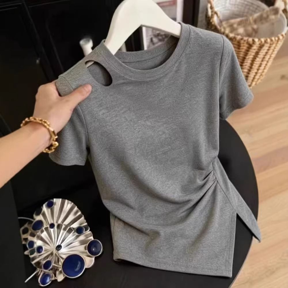 Women's Breathable Cotton Cropped T-Shirt Short Sleeve Hollow-Out Design Regular Fit Comfortable Summer Top with Irregular Hem_ecoleips.com
