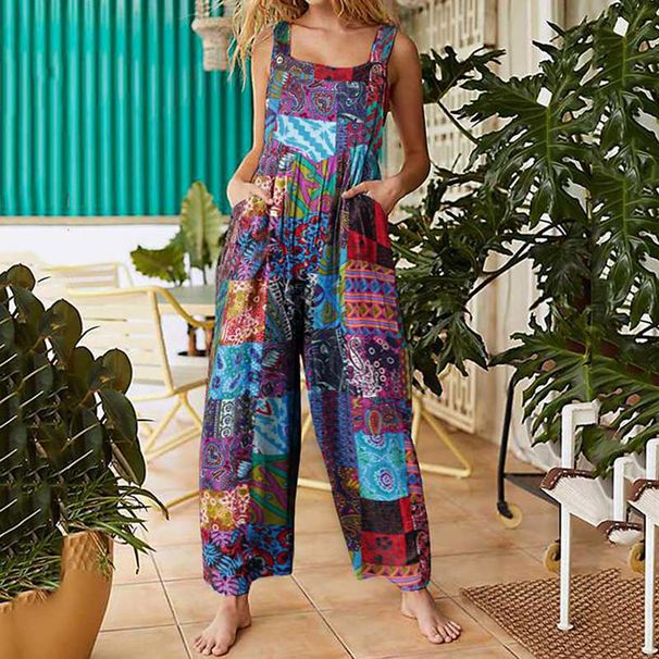 Women's Clothing Spring Women's Fashion Ethnic Style Patchwork Print Button Jumpsuit Overalls Trousers_ecoleips.com