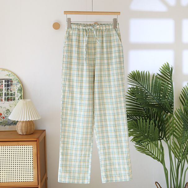 Pure Cotton Pajamas Pants For Sleep Nightwear Woman Room Wear Spring Summer New Loose Plaid Pants Pyjama Bottoms_ecoleips.com