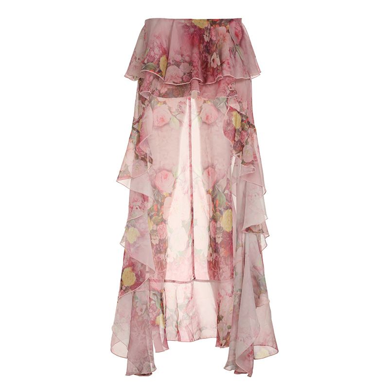 Verve 2025 Summer Floral Print Double Layer Irregular Hem Ruffle Midi Skirt For Vacation_ecoleips.com