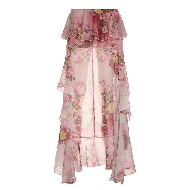 Verve 2025 Summer Floral Print Double Layer Irregular Hem Ruffle Midi Skirt For Vacation_ecoleips.com