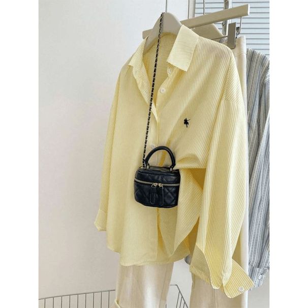 plus Size Striped Polo Shirt Women's Oversized Long-Sleeve Blouse Breathable Sun Protection Pony Embroidery_ecoleips.com