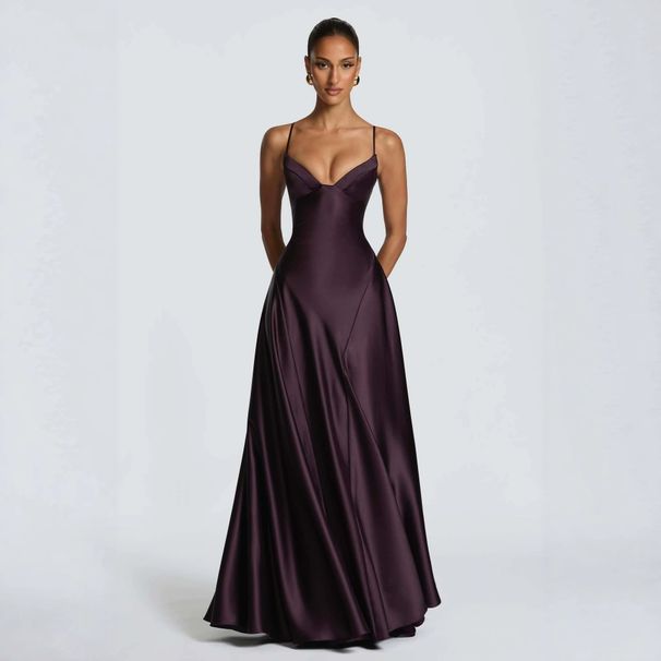 Women's European American Style Casual Long Sleeved Slim Fit Silk Halter Backless A-Line Maxi Dress_ecoleips.com