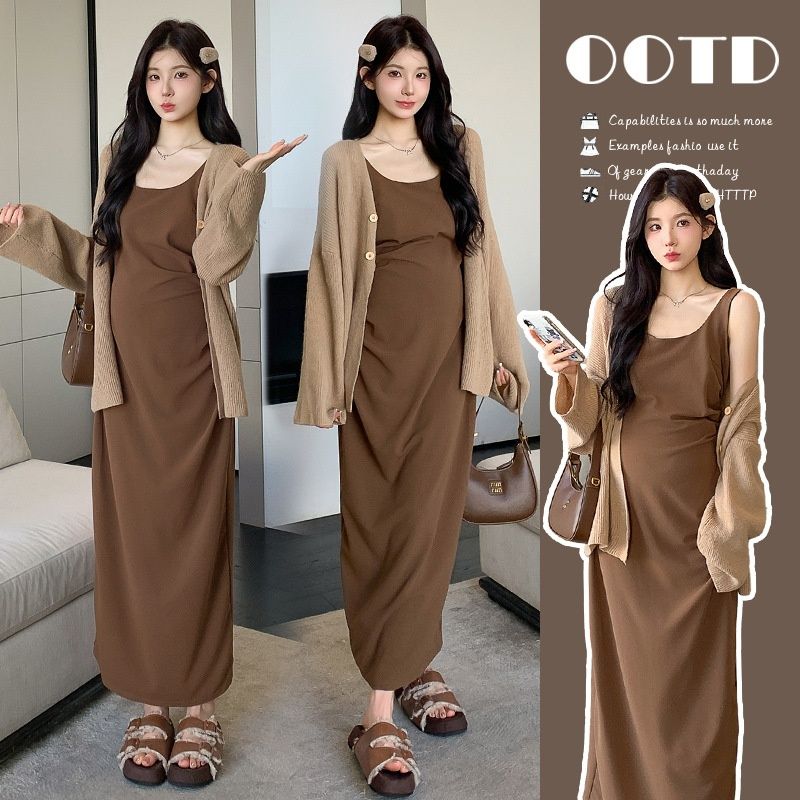 Autumn New Korean Fashion Knitted Cardigan Strap Two-Piece Maternity Dress_ecoleips.com
