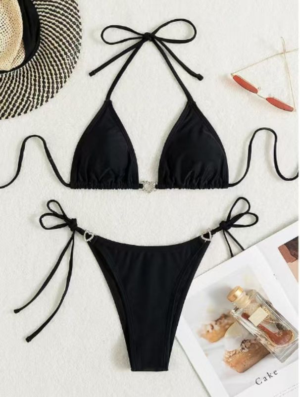 Women's Sexy Lace-Up Bikini With Heart Shaped Rhinestones Solid Color Two Piece Swimsuit European American Style Multi Color_ecoleips.com