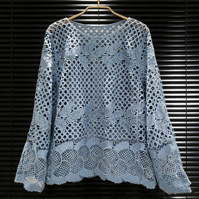 Elegant French Crochet Lace Long Sleeve Knitted Top For Women, Plus Size Flattering Blouse, Lightweight Spring Summer Layering Piece_ecoleips.com