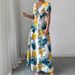 Women's Floral Print Casual Long Dress European American Style Summer Puff Sleeve V Neck Flutter Sleeve_ecoleips.com