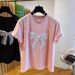 Women's Pure Cotton Short Sleeve T-Shirt European Style Heavy Beaded Bow Loose Fit Versatile Slimming Top For Youthful Look_ecoleips.com