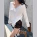 Leather-Embroidered V-Neck Long-Sleeve Knit Tee For Women, Autumn Loose Fit With German Fleece Fabric, Mid-Length White_ecoleips.com