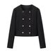 Women's Short Double-Breasted Blazer Set With Chain Belt & Ankle Pants – Elegant Office-To-Evening Outfit (Beige/Black, Sizes Xs-L)_ecoleips.com