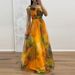 Women Sexy Slanted Neck Bow Tie Up Slim Long Dress Elegant Mesh Waist Banquet Dress Fashion Pattern Printed Asymmetry Long Dress_ecoleips.com