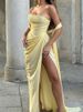 Women Sexy Strapless Split Pleated Long Dress Spring Solid High Waist Lace-up Party Dress Summer Backless Hollow Boho Maxi Dress_ecoleips.com