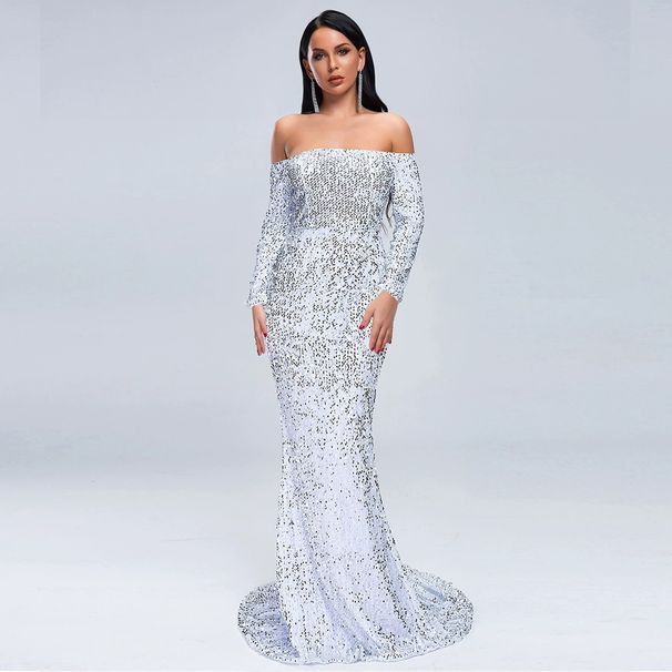 Women’s Clothing New One Shoulder Small Trailing Evening Dress Skirt Female Sequins Large Size Fat Mm Dress Female_ecoleips.com