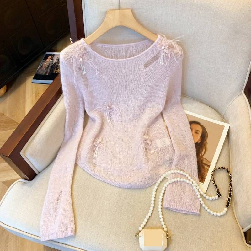 Women's Slim Fit Sweater Heavy Duty Feather Beaded Design Autumn Top_ecoleips.com