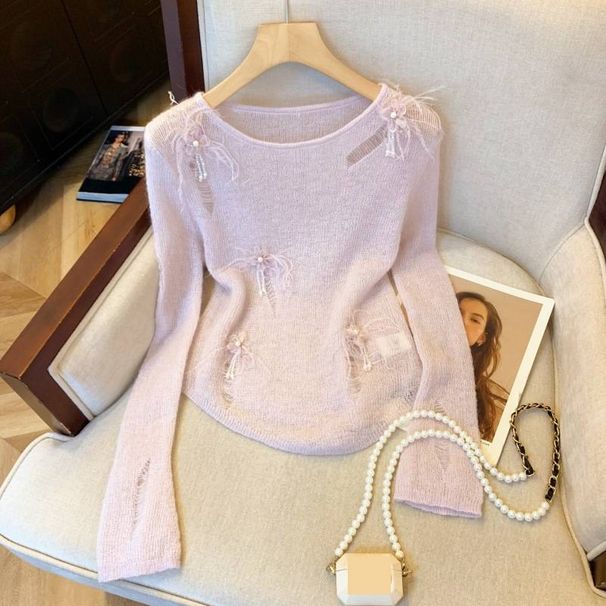 Women's Slim Fit Sweater Heavy Duty Feather Beaded Design Autumn Top_ecoleips.com