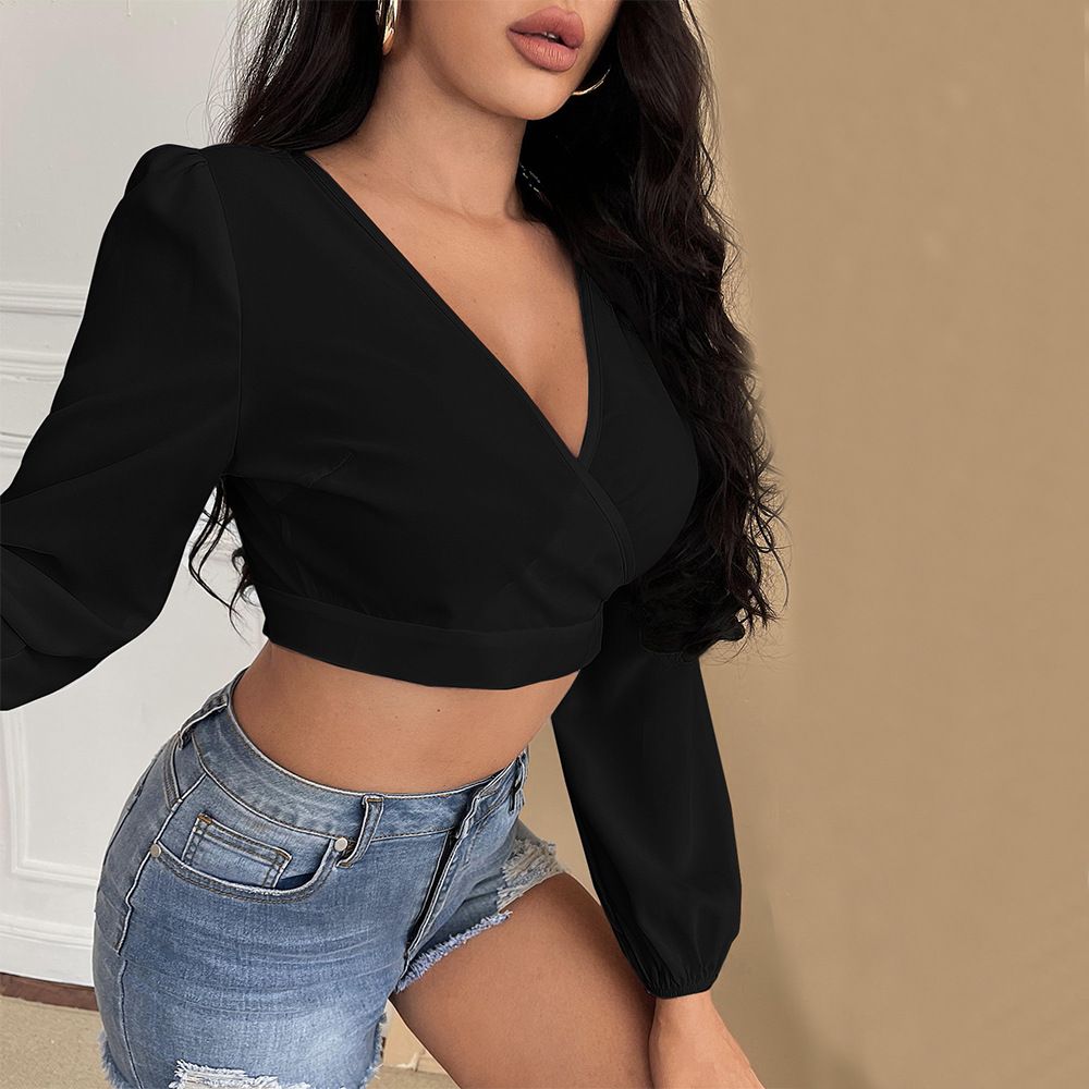 Voya Women's Clothing Design Sense V-neck Long Sleeved T-shirt Autumn And Winter Backless Sexy Versatile Short Top_ecoleips.com
