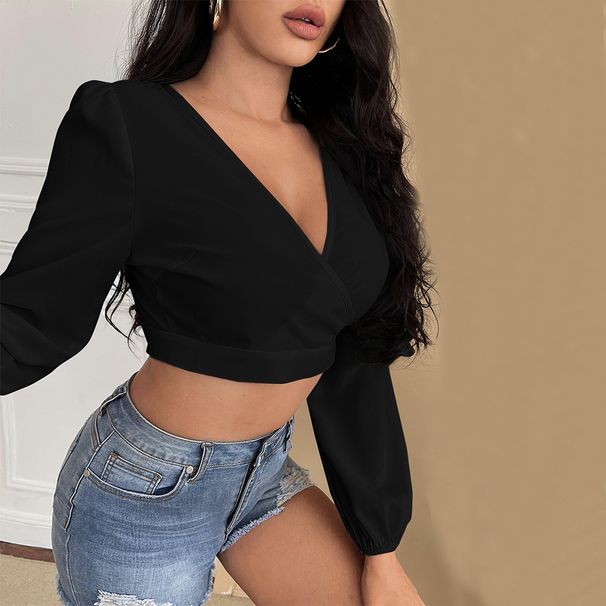 Voya Women's Clothing Design Sense V-neck Long Sleeved T-shirt Autumn And Winter Backless Sexy Versatile Short Top_ecoleips.com