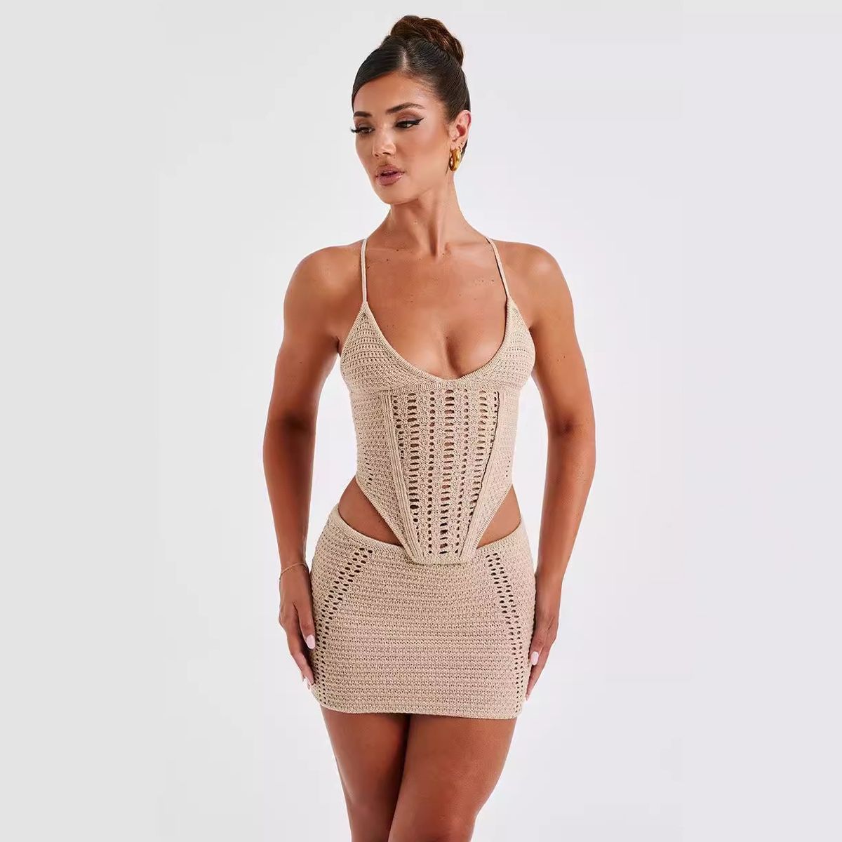 Summer Sexy Strapless Hollow out Backless Knit Bodycon Dress Set for Women European And American Street Style Pure Alluring_ecoleips.com