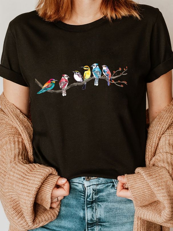 Summer Woman Fashion Top Vibrant Birds Print Crew Neck Short Sleeve Casual T-Shirt For Women Perfect For Summer Woman Clothing_ecoleips.com