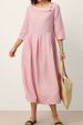 Women's Pleated Cotton Linen Dress Solid Color Casual Loose Button Crescent Neck Three Quarter Sleeve 2026 European And American_ecoleips.com