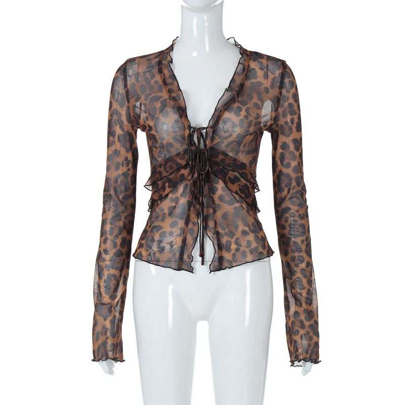 Trendy Women's 2024 Summer New Fashion Sexy Mesh Sheer Cardigan Tie T-Shirt Wholesale_ecoleips.com