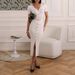 Women's Clothing Slim Fit Long Dress Spring Summer Russian Knitted V Neck Single Breasted Short Sleeve_ecoleips.com