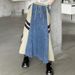 New Style Retro Design Stitching Contrast Color Denim Skirt Elastic Waist Drawstring Loose Long Skirt_ecoleips.com
