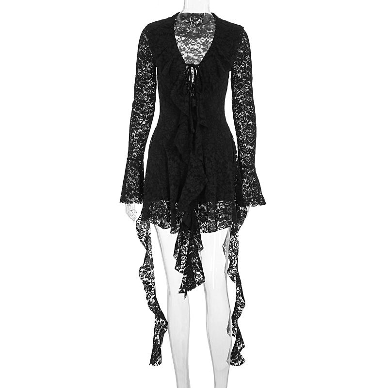 New Arrival European And American Style Sexy Lace Long Flare Sleeve Dress For Women With Ribbon Tie Straps_ecoleips.com